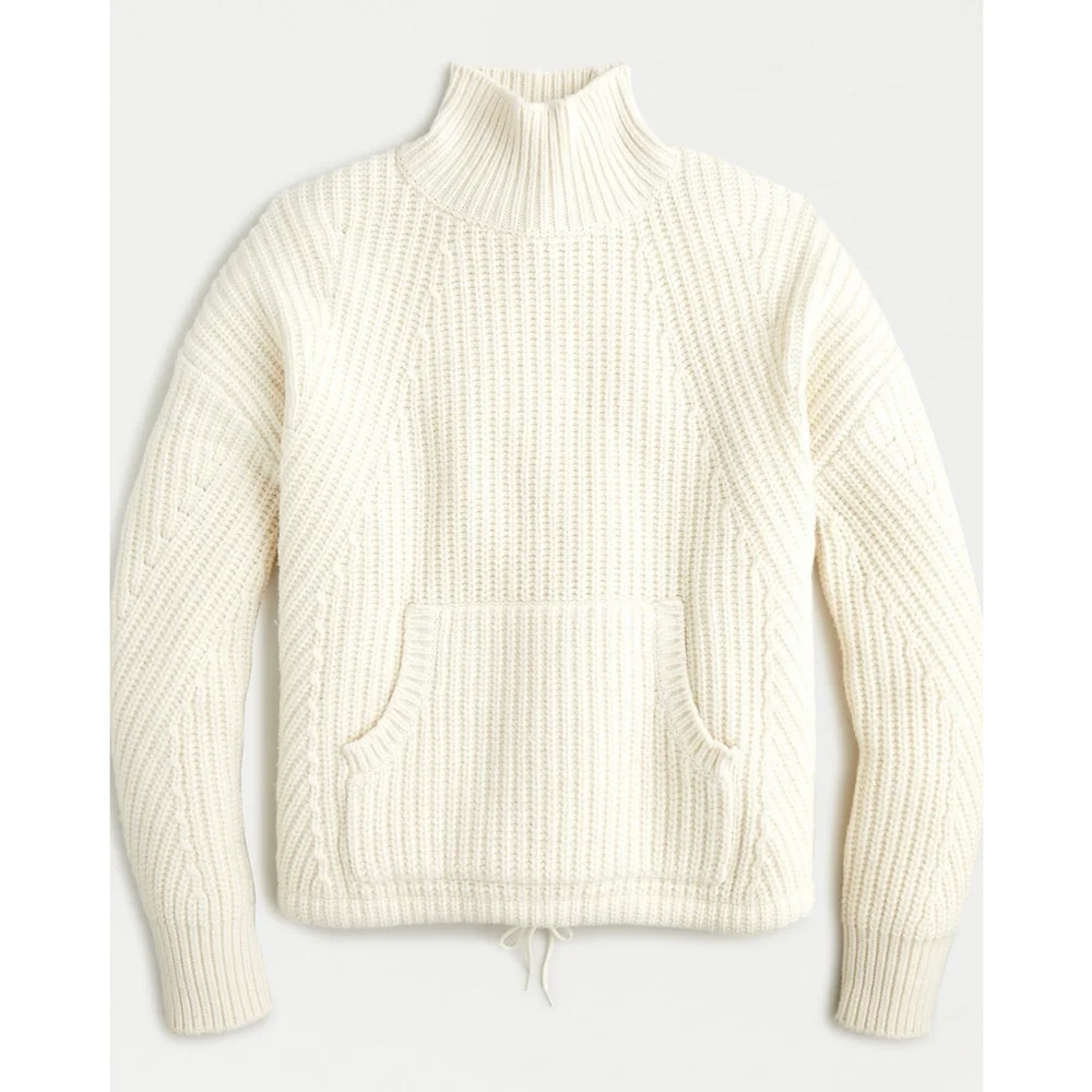J Crew Front-Pocket Ivory Turtleneck Sweater Merino Wool Size XL Chunky Thick